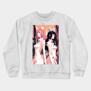 Pink and Black - Cyberpunk Illustrated Portrait Two Women Posing in Front of a Bustling Cityscape Crewneck Sweatshirt